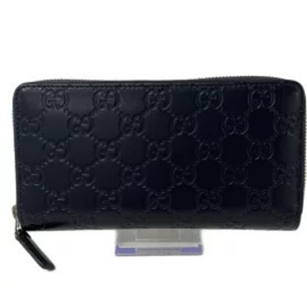 Gucci Guccissima Long Wallet Round Zipper Dark Navy Blue Leather